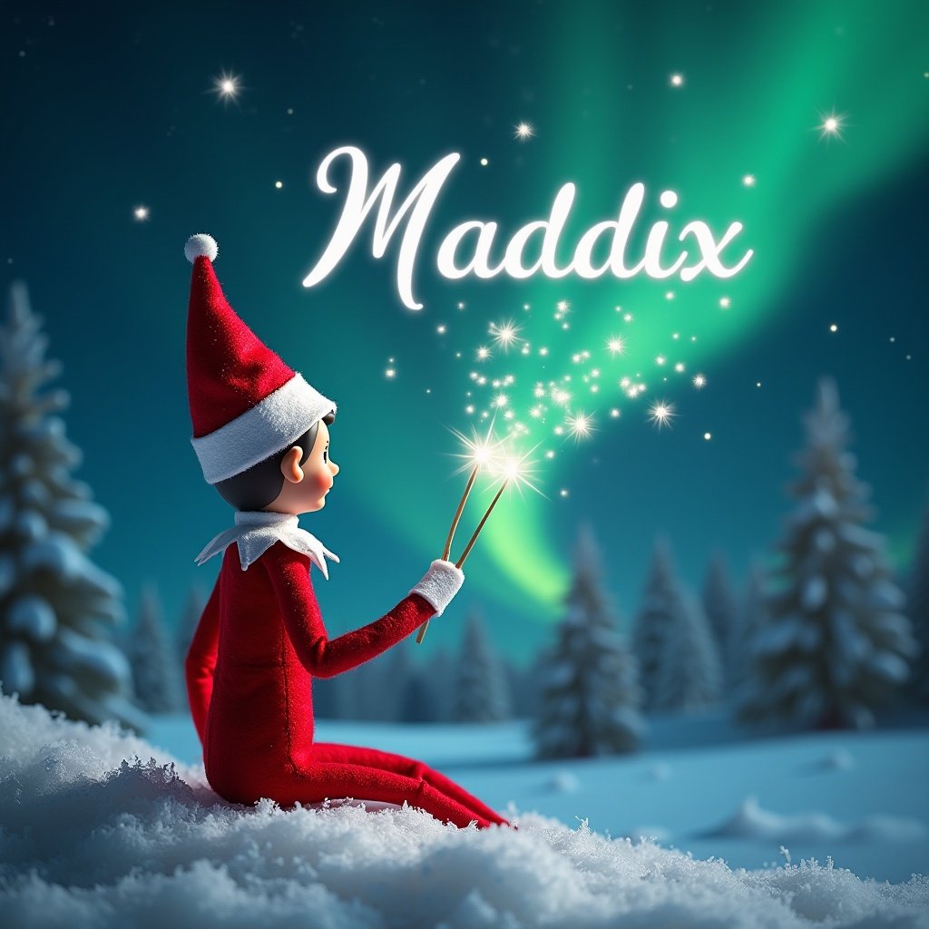 An enchanting winter scene featuring an elf on the shelf with his back to the viewer, gazing at the sky. The elf is wearing a red and white outfit and is poised with a magic wand, elegantly writing the name 'Maddix' in the sky. The backdrop is a stunning display of the northern lights illuminating the snowy landscape filled with evergreen trees. The elf appears to be surrounded by glimmering sparkles that enhance the magical atmosphere of the Christmas season. In the distance, the silhouette of Santa can be seen, adding to the festive spirit.