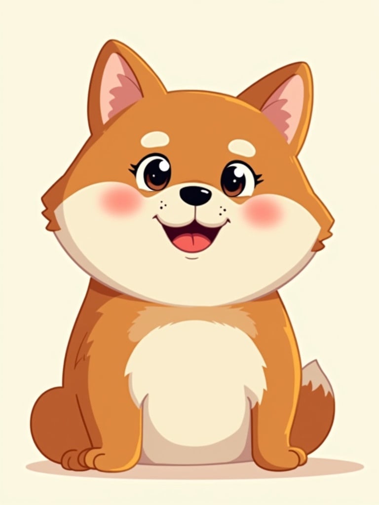 Cartoon style image of a Shiba Inu dog with vibrant orange and white fur. The dog appears very joyful and youthful. The character is smiling brightly and exudes happiness.