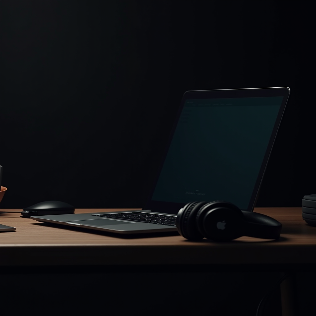 A dimly-lit desk setup featuring a closed laptop, headphones, smartphone, and a computer mouse, creating a minimalist and modern workspace.