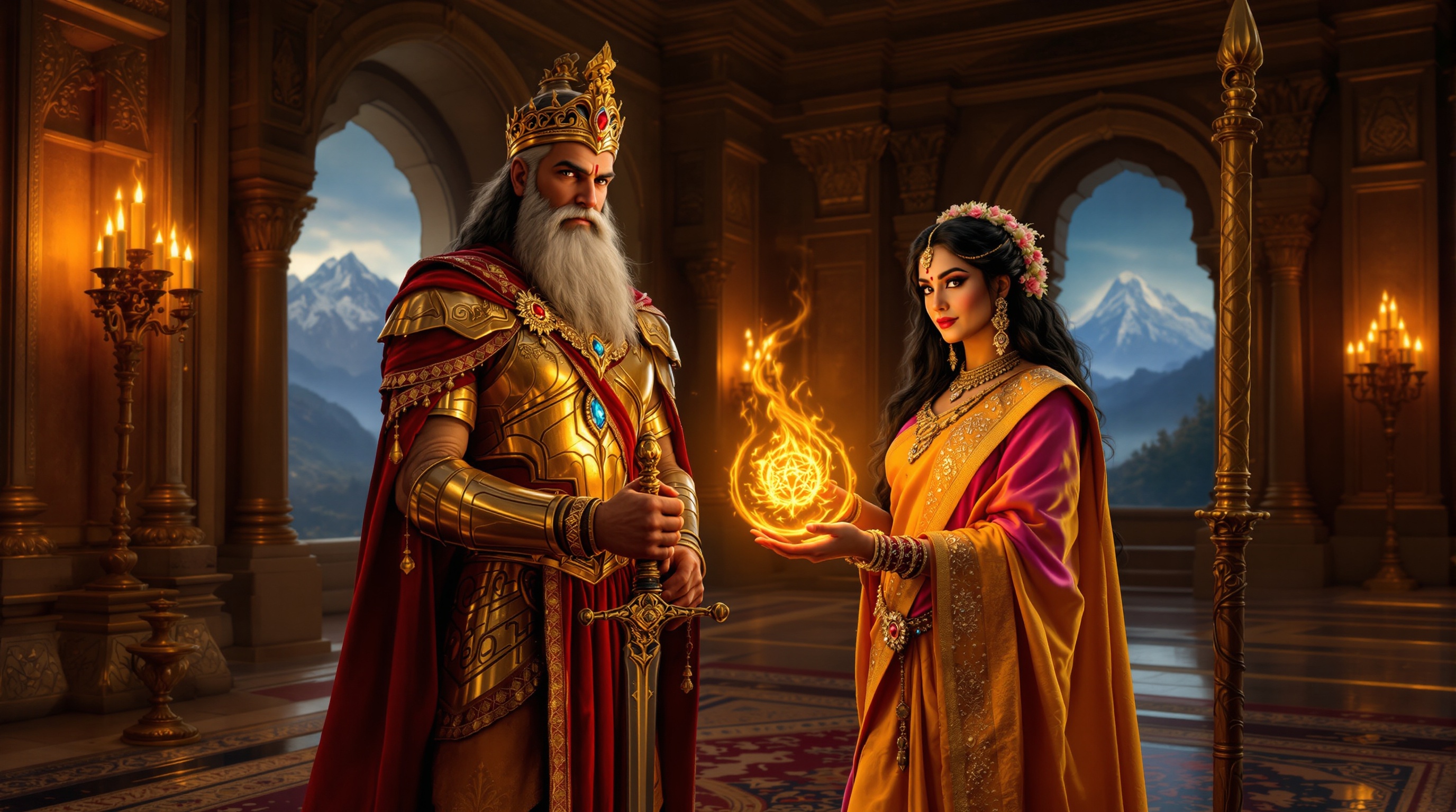 King Rudrasen prepares for a journey. He wears golden armor and a crimson cape. Queen Mriganjali wears a pink and gold saree. An old sage holds a glowing talisman. The background features palace walls and a view of the Himalayas. Atmosphere conveys courage.