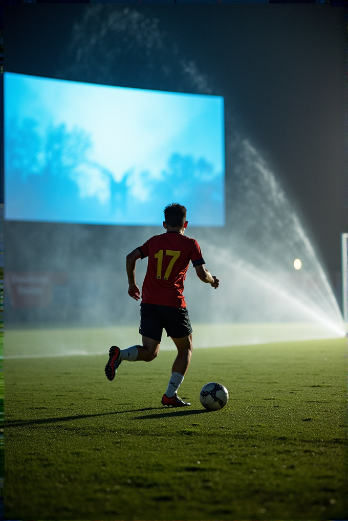 A soccer player in a red jersey with number 17 is running on a field at night with sprinklers and a large screen in the background.