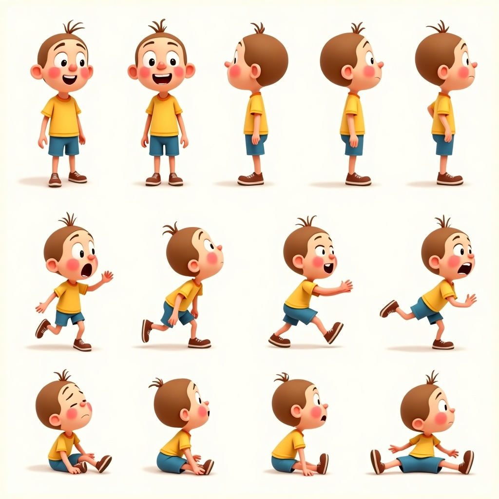 A 2D cartoon character designed for animation, inspired by the style of 'Lolek and Bolek.' The cheerful boy features a round head, simple and friendly facial features. He is displayed in multiple angles: front, back, side, and 3/4 views. Various expressions are included, like happy, sad, angry, and surprised. The character's poses range from standing and running to sitting and jumping. Dressed in a bright yellow shirt, blue shorts, and simple shoes, the design emphasizes clean lines and soft colors, capturing a vintage cartoon feel appropriate for both traditional and digital animation.