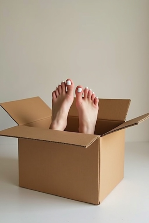 Female feet come out of a large cardboard box. The box has open flaps. The toenails are polished white. The background is simple and neutral.