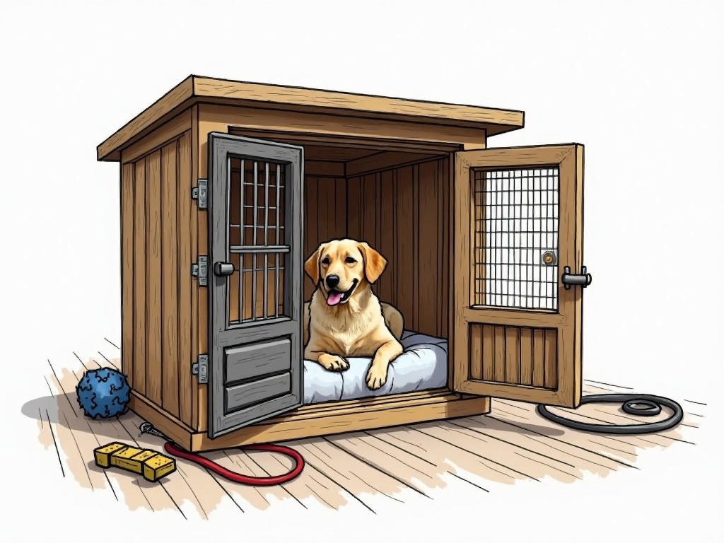 This image depicts a hand-drawn style sketch of a dog crate with a cheerful yellow Labrador sitting inside. The crate is made of wood, featuring a door that is open to suggest a welcoming space. The interior of the crate includes a comfortable bed for the dog, which adds to the inviting atmosphere. Surrounding the crate are some pet toys, indicating an environment filled with care and play. The overall tone of the image is bright and friendly, perfect for pet-related content.