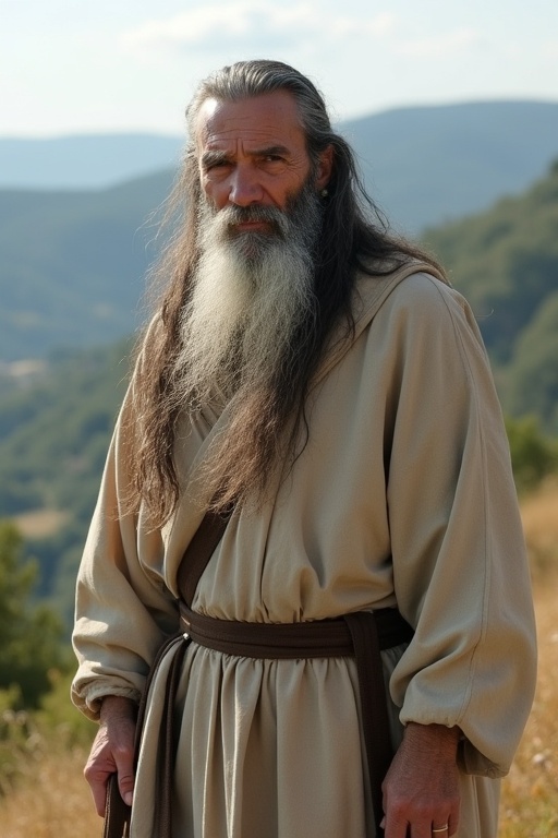 Old ascetic priest in natural-colored robe stands on hill with stern wise expression. Long grey black hair and trimmed beard complement the serene landscape of southern France.