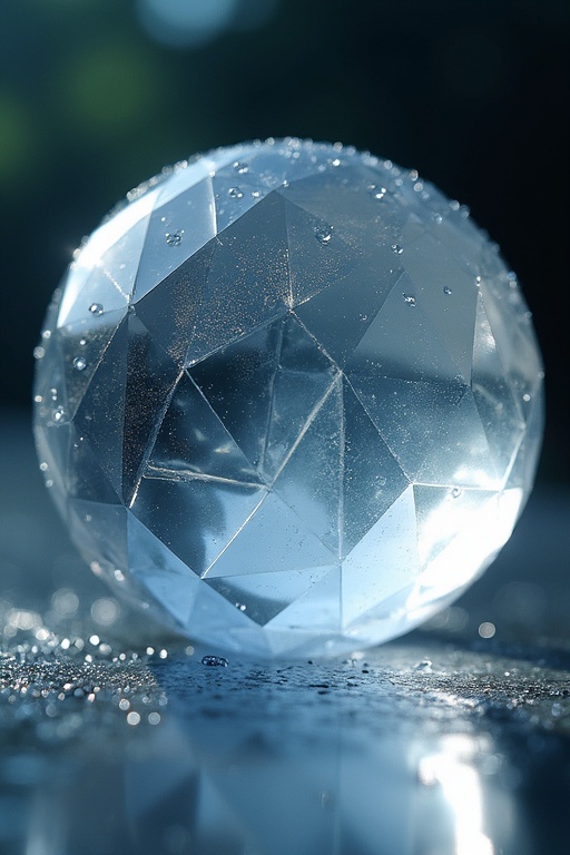 Close-up view of a crystal sphere featuring geometric designs. Light reflects from the surface resulting in a soft glow effect. Small droplets of water present on the surface enhance the aesthetic appeal.