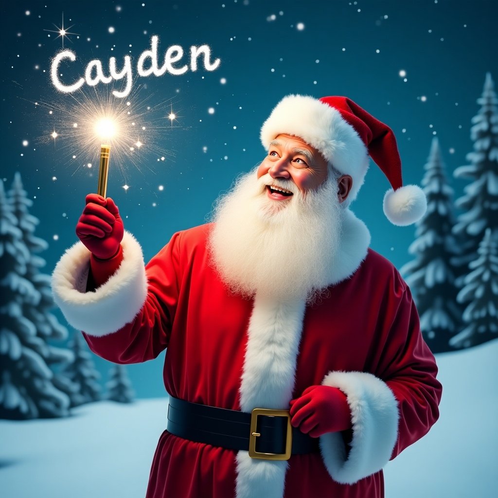 Jolly Santa Claus in snowy landscape. Holding magical wand with sparkles. Wears red suit and matching hat. Writing names in sky. Snowy scene with evergreen trees and starry sky. Festive and magical atmosphere. Name 'Cayden' in the sky.