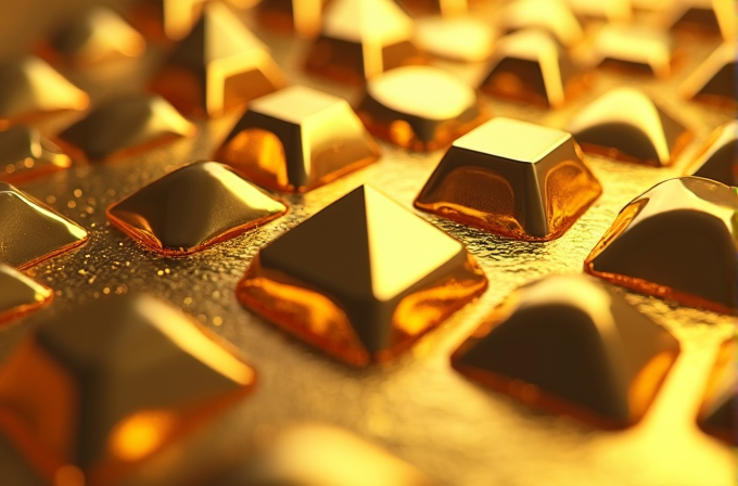 A close-up image of shiny golden pyramid shapes on a textured surface.