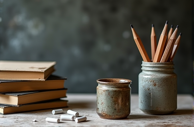 The image shows a rustic table with pencils in jars, chalk pieces, and a stack of books against a blurred background.