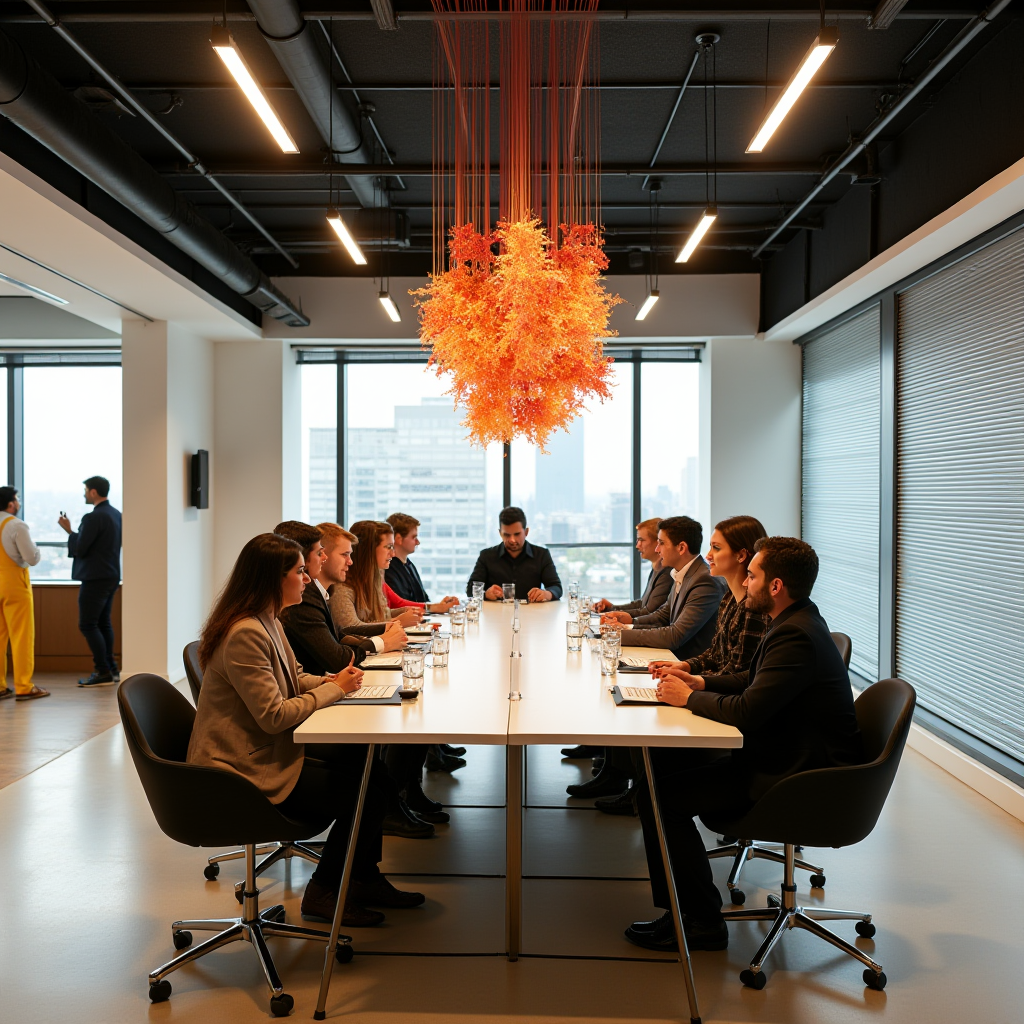 A group of professionals in business attire gathered around a conference table under a striking orange chandelier.