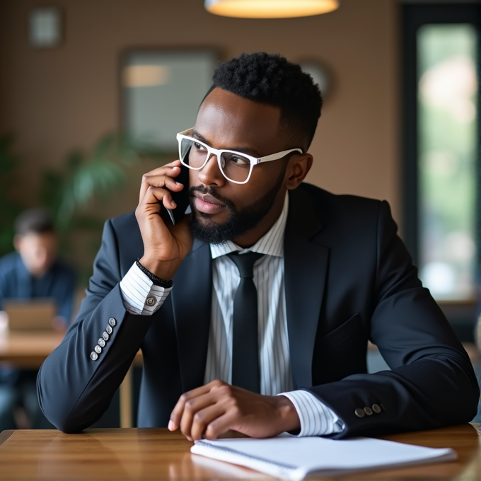 A man in a formal suit sits at a table, holding a mobile phone to his ear, with a notebook in front of him, and appears deep in thought.