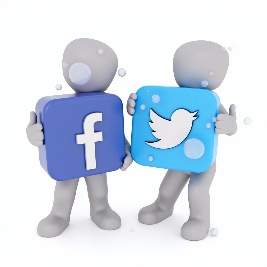 Two 3D characters holding large Facebook and Twitter icons, giving thumbs up with bubbles around them.