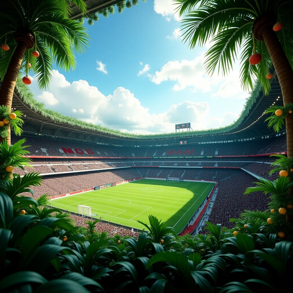 A stadium setting merges with a jungle environment. The interior features a football field filled with spectators. Lush tropical foliage surrounds the seating area. Tall palm trees frame the view, with vibrant green leaves creating a canopy. Christmas decorations include lights, ornaments, and wreaths. The sky is blue with white clouds and sunlight filters through the leaves, creating a vibrant and energetic atmosphere.