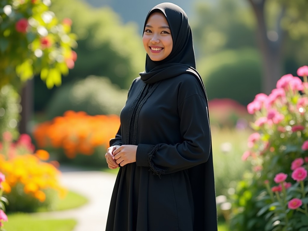 A woman stands confidently in a black dress and hijab, surrounded by a vibrant garden. She is smiling under bright natural light, showcasing her joyful demeanor. The garden is filled with colorful flowers and lush greenery, creating a picturesque setting. This scene captures the essence of beauty and cultural representation, emphasizing modest fashion. The woman's confidence shines, making her the focal point against the backdrop of blossoms.