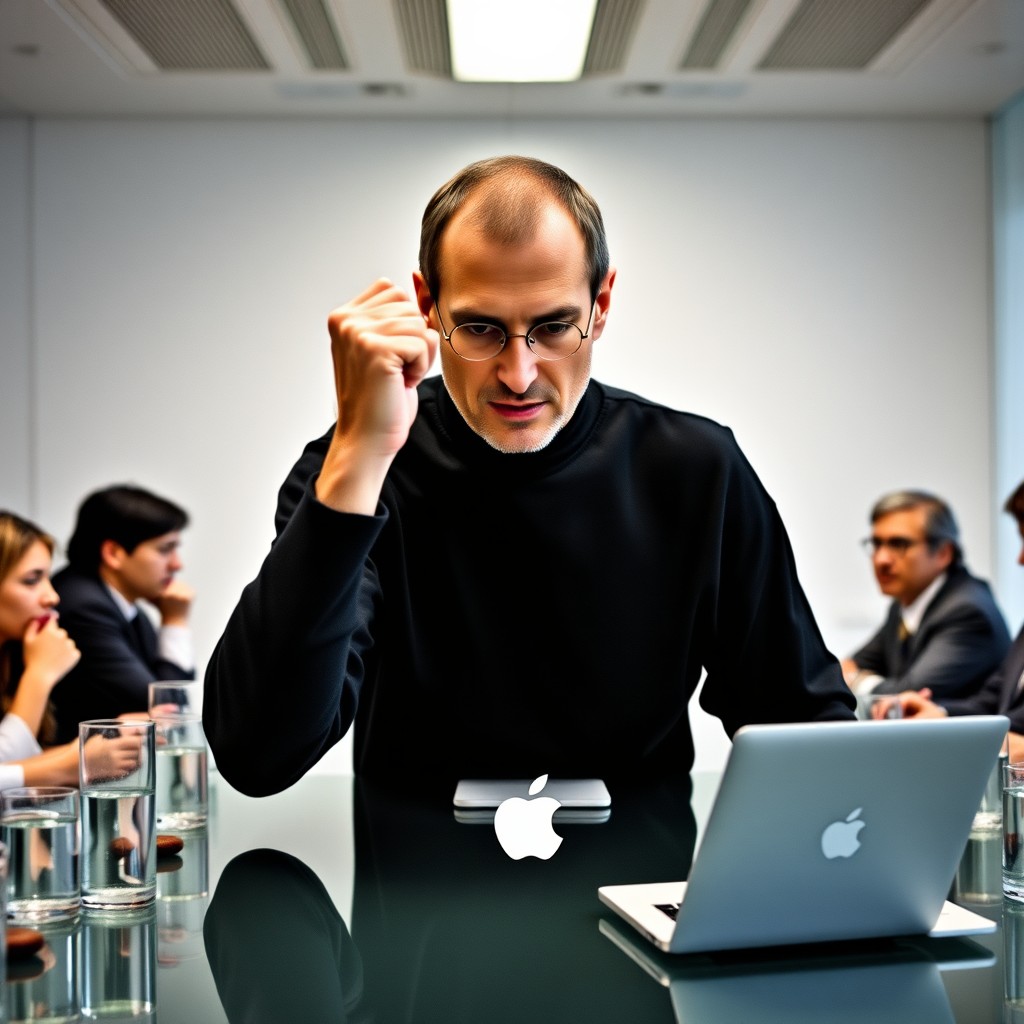 A man in a black turtleneck passionately gestures during a business meeting with a laptop in front of him.