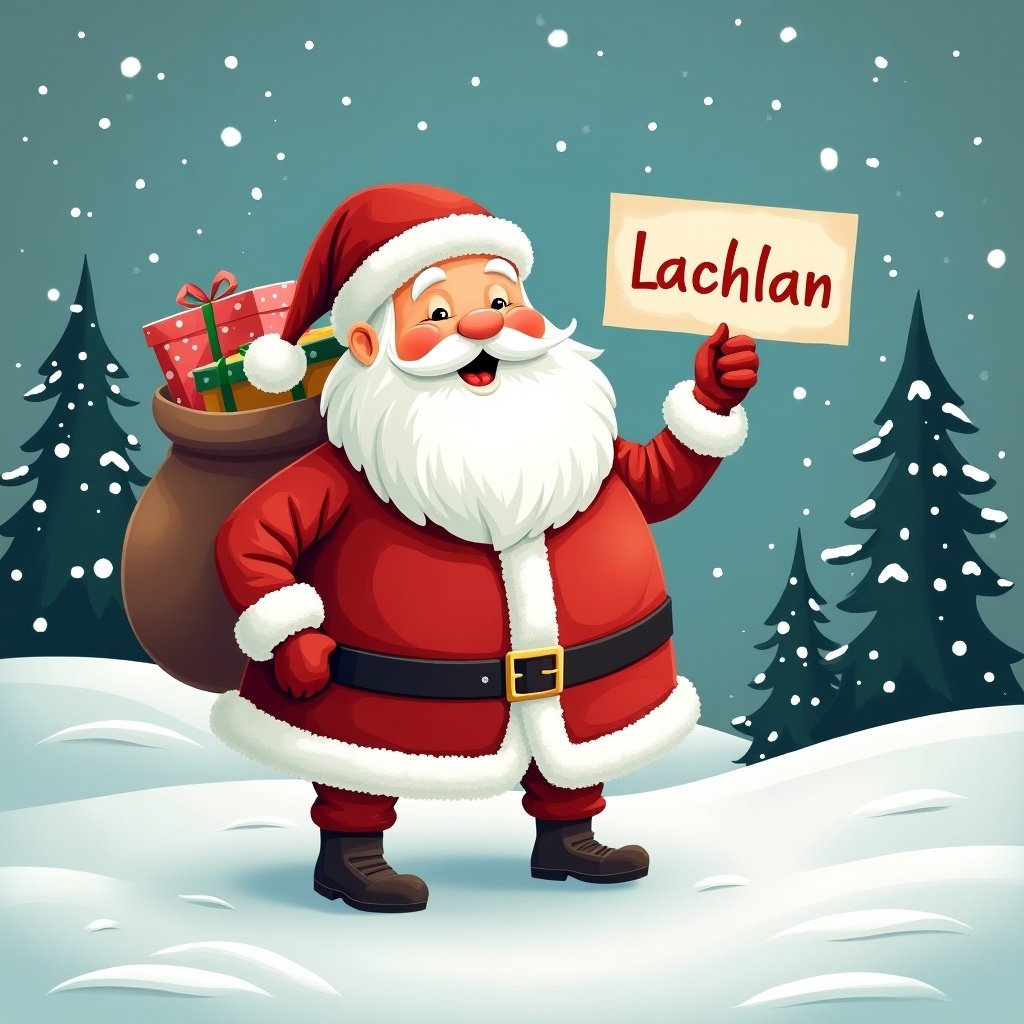 Charming snowy landscape with Santa Claus holding a nice list saying Lachlan. Snowflakes falling. Christmas trees in the background. Santa has gifts in his sack.