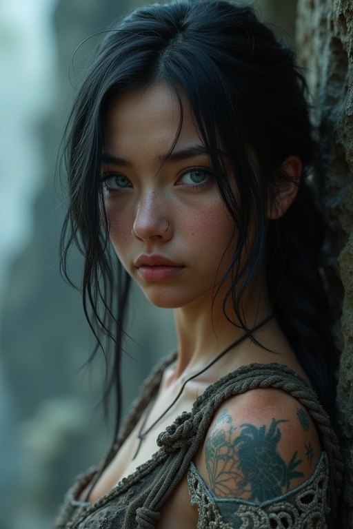 Hyperrealistic character portrait of a woman with dark hair and pale skin. She has brilliant blue eyes and tattoos. The scene is set in a natural environment, possibly a ruin. The image features professional lighting and a dynamic composition with a low-angle view.