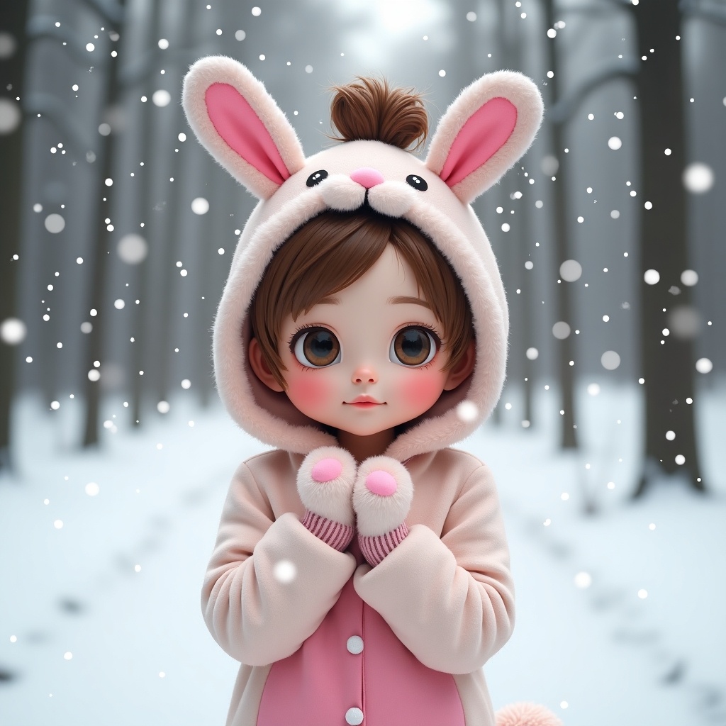 A girl with brown hair in a bun wearing a bunny onesie stands in a snowy forest. Snowflakes are falling around her, creating a whimsical atmosphere. The onesie is pink and has bunny ears, giving it a cute appearance.