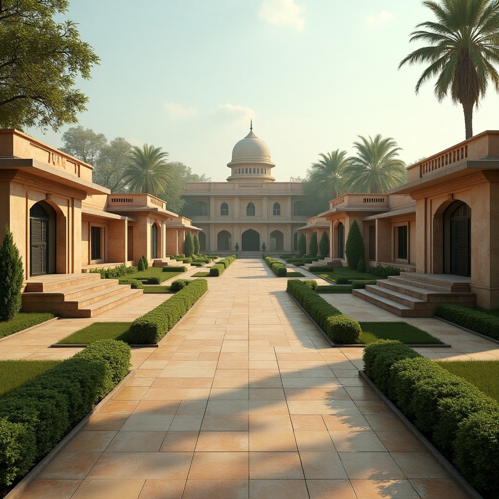 Indian landscape features a central official building surrounded by other official structures. There are pathways, lawns, and trees.