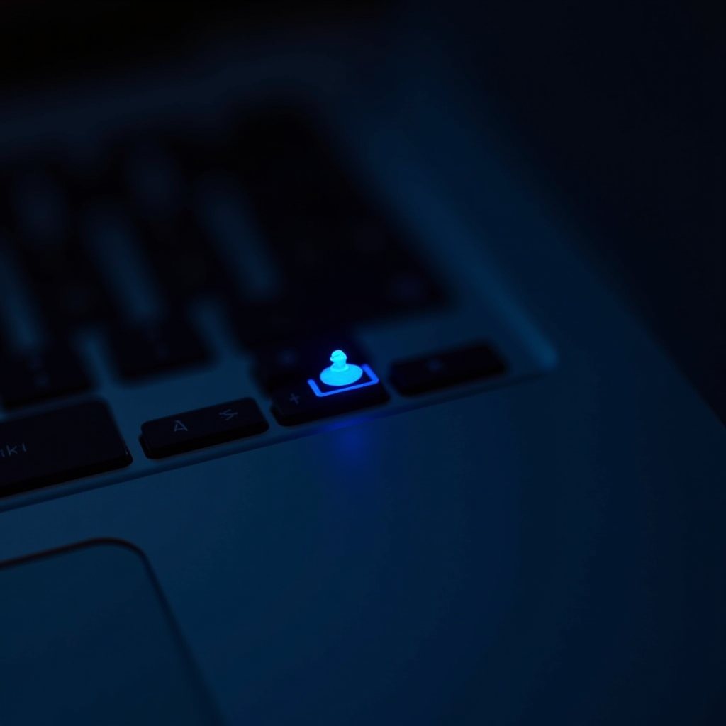 A close-up of a glowing blue icon on a dark keyboard.