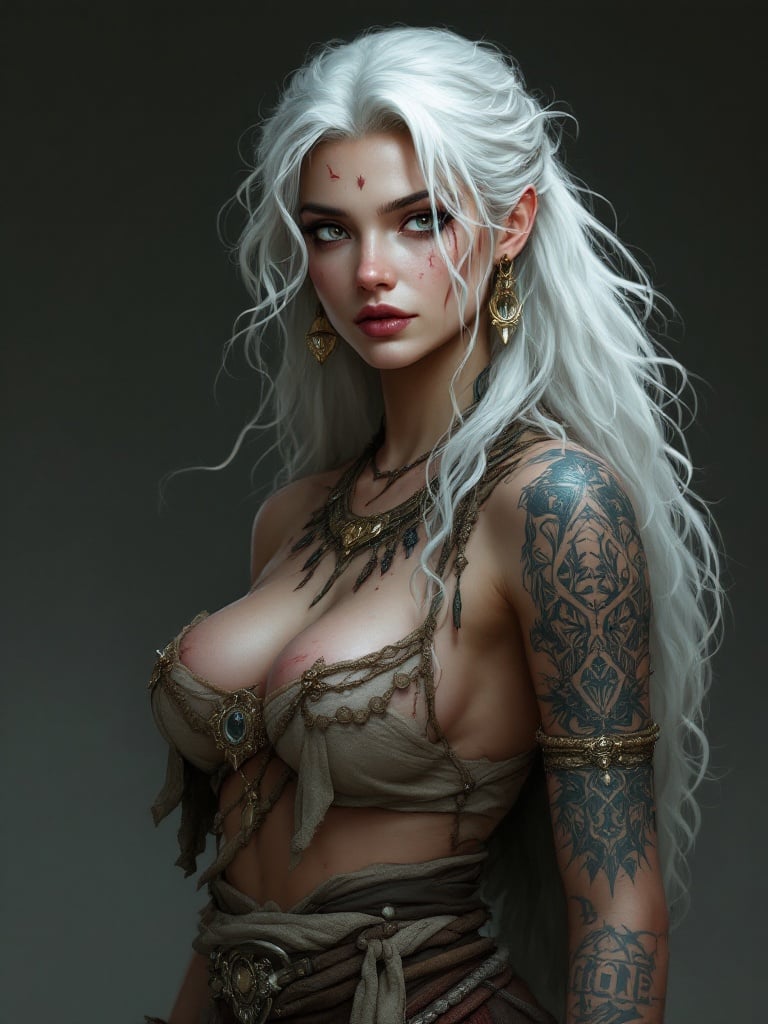 Arcane digital art style character with long white hair and tattoos. Young woman with fair skin wearing intricate clothing.