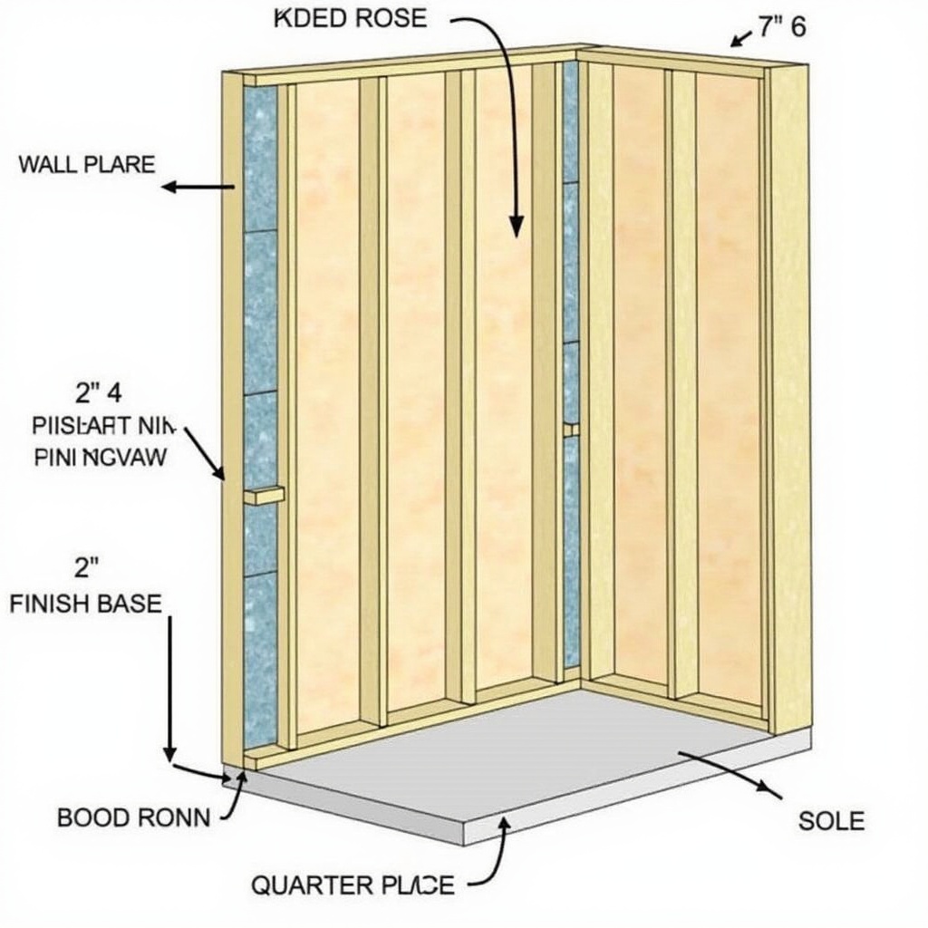 This image illustrates a staggered stud wall design standing 8 feet high, optimized for maximum acoustical isolation. It features two layers of 2x4 wood framing with interwoven batt insulation. A resilient furring strip is shown installed every 2 feet horizontally, which supports a layer of ¾ inch plywood. A layer of ½ inch gypsum wall board is directly fastened to the plywood on both sides. Additionally, the design includes a 1x6 wood finish wall base accentuated with a bullnose top and quarter-round trim at the bottom. Clear labels indicate the wood framing's top plate and sole plate, ensuring easy understanding of the construction details.