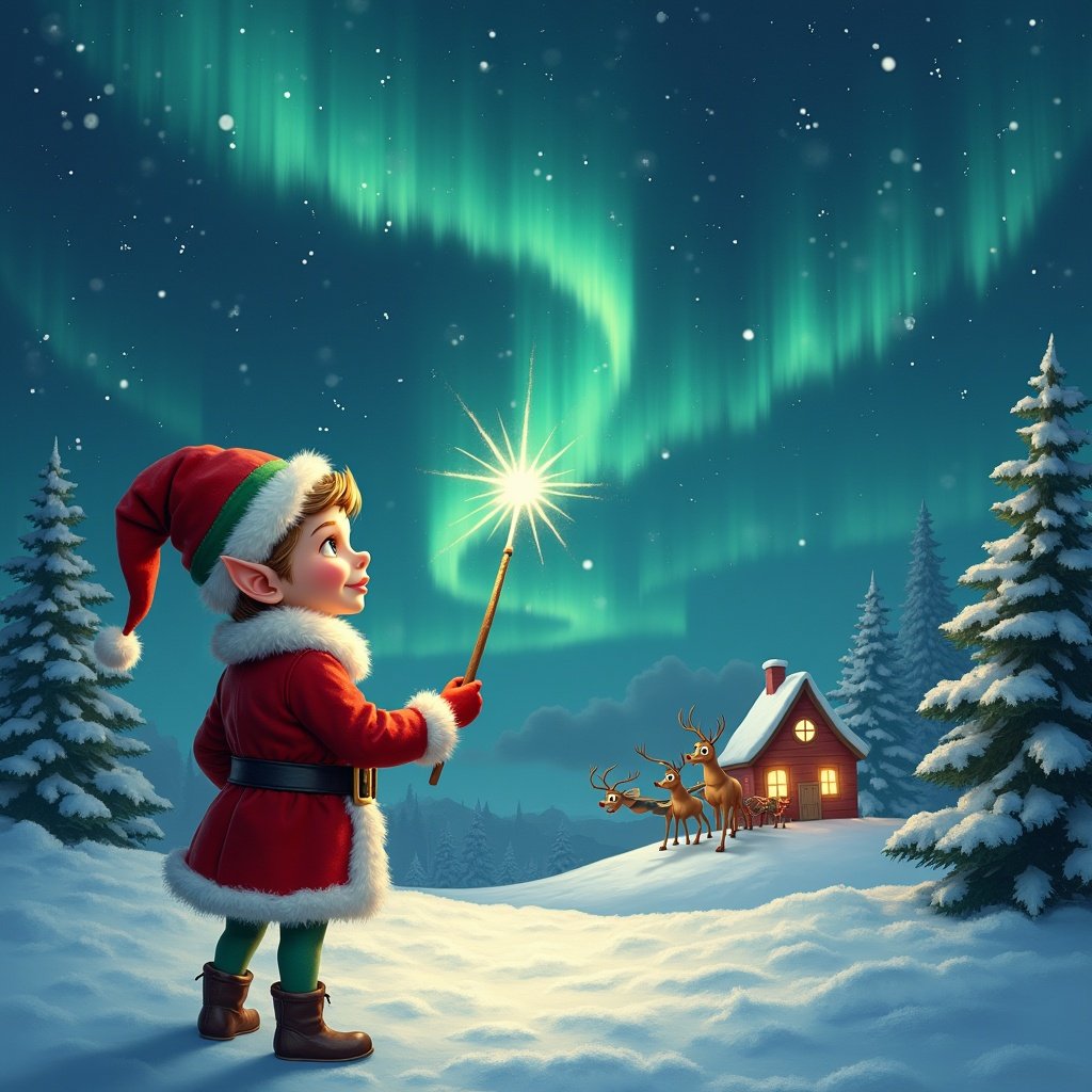 Elf facing the sky with a wand. Magical Christmas scene. Northern lights background. Santa visible. Writing Tate and Zoe in the sky. Whimsical atmosphere.