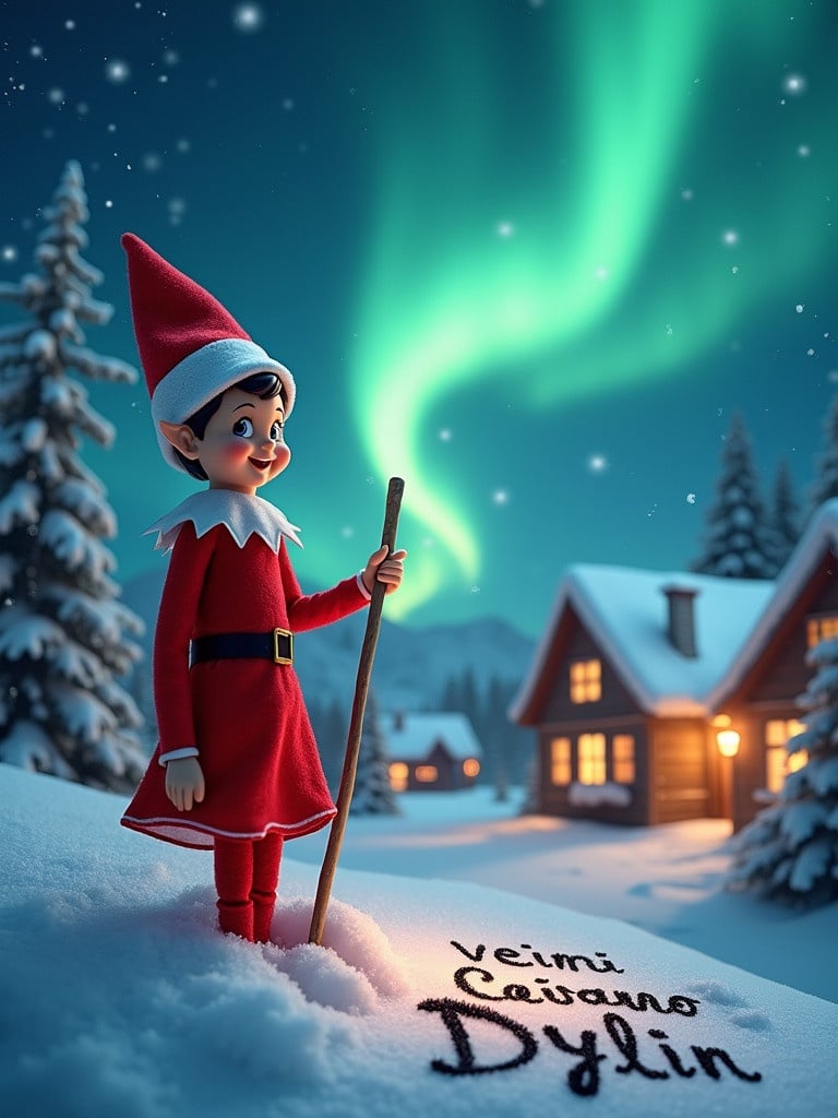 A joyful elf dressed in red holding a stick. The background features a warm-lit village with snow-covered houses and trees. The night sky is illuminated by the vibrant aurora borealis. An elf writes 'Ci vediamo presto Dylan' in the snow. This scene captures holiday spirit and childhood wonder.