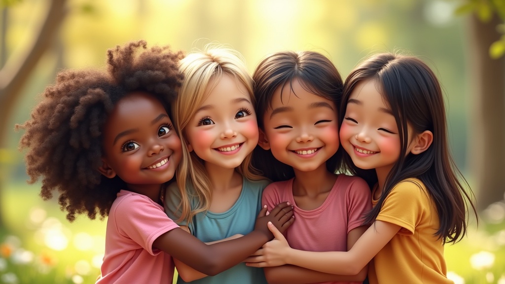 Four young girls from different countries embrace with joy. They smile at the camera. One girl has curly dark skin. Another has fair skin with blonde hair. The third girl has straight black hair and East Asian features. The fourth girl has dark brown hair with South Asian features. They wear colorful casual outfits and are outdoors in a warm, friendly environment. The background is softly blurred.