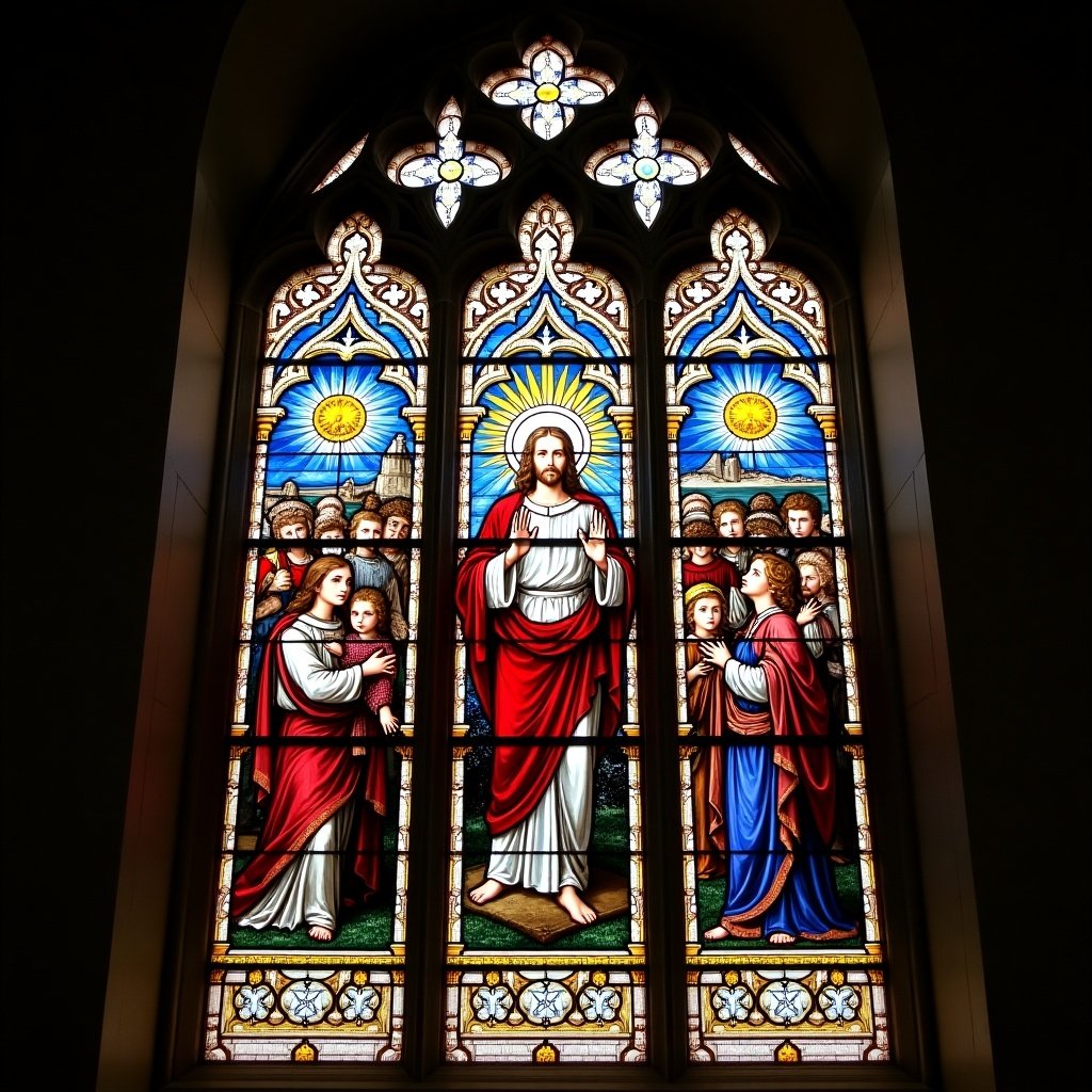 Stained glass window in a European church depicting Jesus Christ surrounded by followers. Vivid colors and intricate designs showcase religious themes.