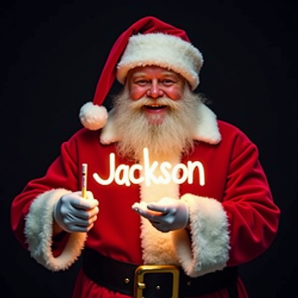 Santa Claus in red and white suit holds a glow stick. 'Jackson' spelled in bright light. Background dark. Santa is jolly and warm. Image evokes holiday spirit and Christmas magic.