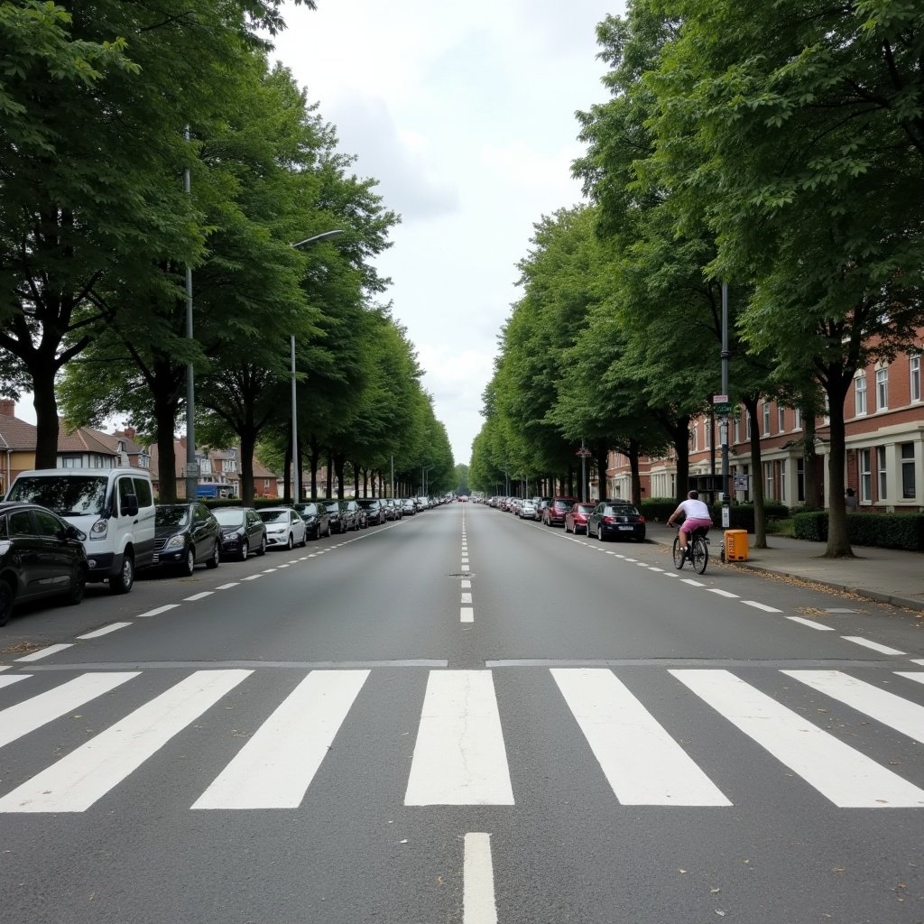 The image shows a broad and straight urban road flanked by lush green trees, creating a refreshing environment. Parked vehicles line the left side while a lone cyclist rides on the right. In the distance, several buildings are visible, contributing to the urban landscape. A semi-transparent white crosswalk is painted across the road, clearly indicating a pedestrian crossing area. The crosswalk design with white stripes stands out against the dark asphalt, enhancing visibility. This image captures the essence of city life, emphasizing the importance of pedestrian and cyclist safety amidst automobile traffic.