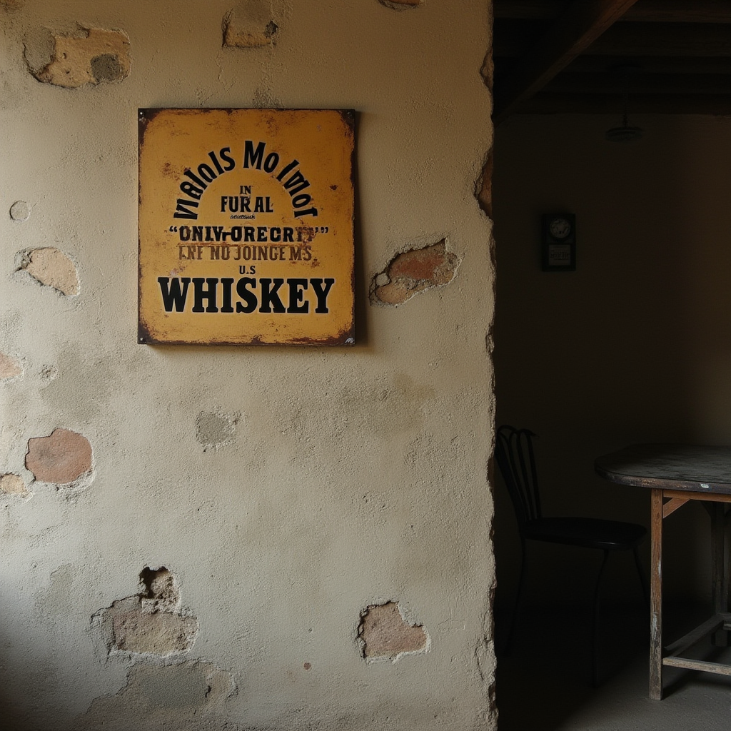 An old-fashioned whiskey advertisement on a worn, rustic wall in a dimly lit room.