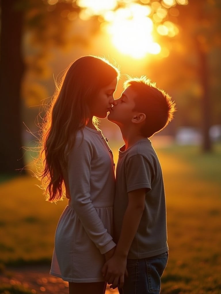 A girl and boy kiss each other in a park during sunset. Warm light surrounds them.