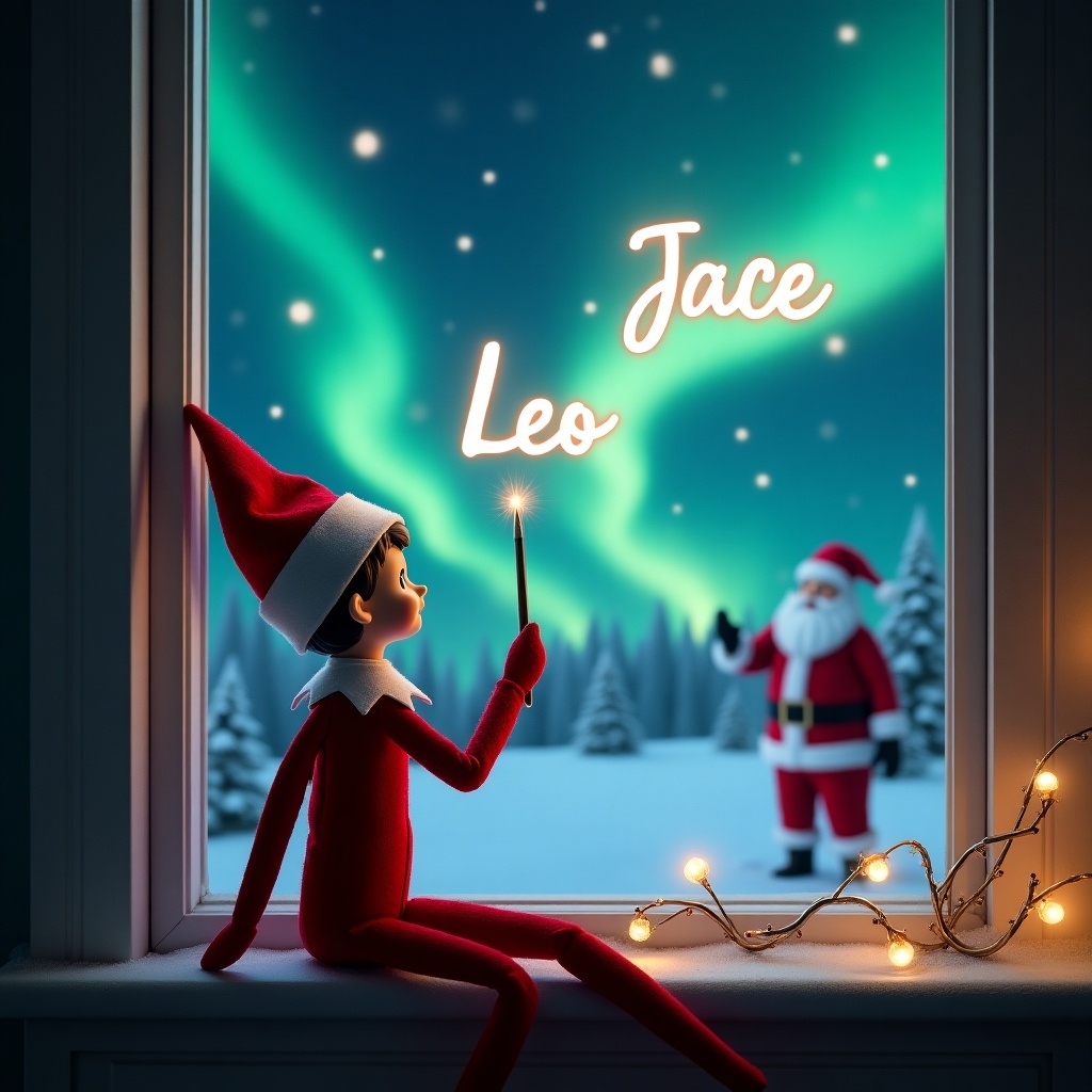 Elf on the shelf sits on windowsill facing magical sky. Elf dressed in red and white uses wand to write names in the air. Night sky filled with northern lights with Santa Claus visible in background. Words 'Leo' and 'Jace' glow in the sky. Festive and enchanting Christmas scene evoking joy and wonder.