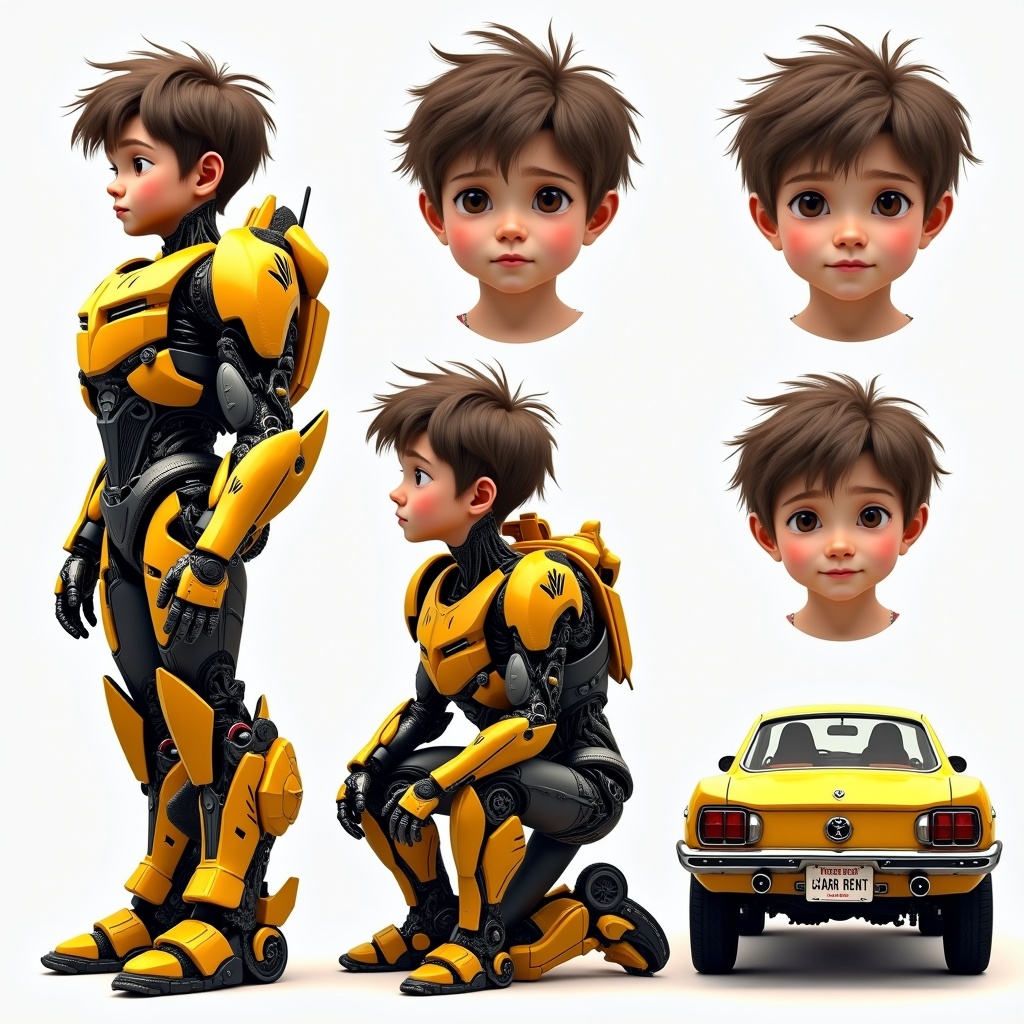 The image shows three distinct parts depicting a young teenage male in a transformation theme. On the left, the boy is dressed in bulky Bumblebee armor, standing tall to showcase its details. In the middle section, the boy is kneeling on all fours, halfway transformed, with elements of armor and car visible. The right section displays the boy fully transformed into a Bumblebee sports car, with a 'Car for Rent' plate. Above each part, there are large face photos of the boy, reflecting his expressions corresponding to his transformation stages.