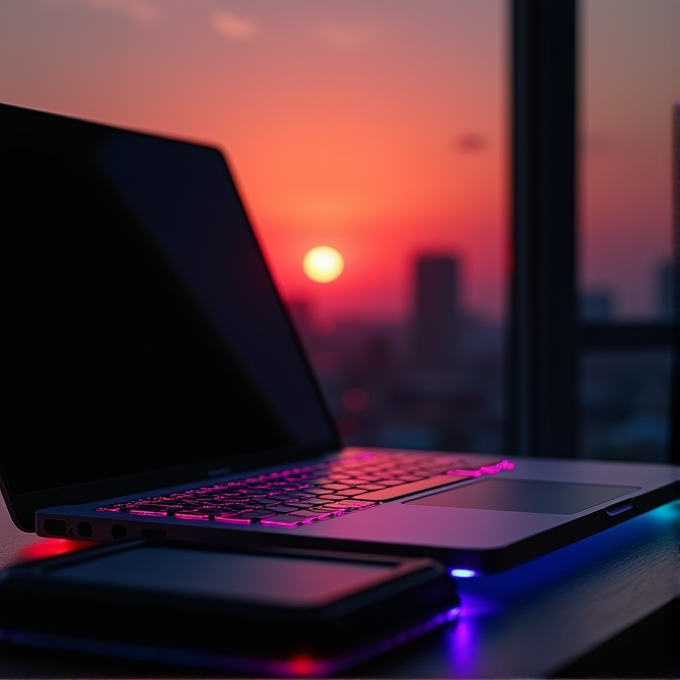 A laptop with glowing keyboard lights sits on a desk against a vibrant sunset backdrop.