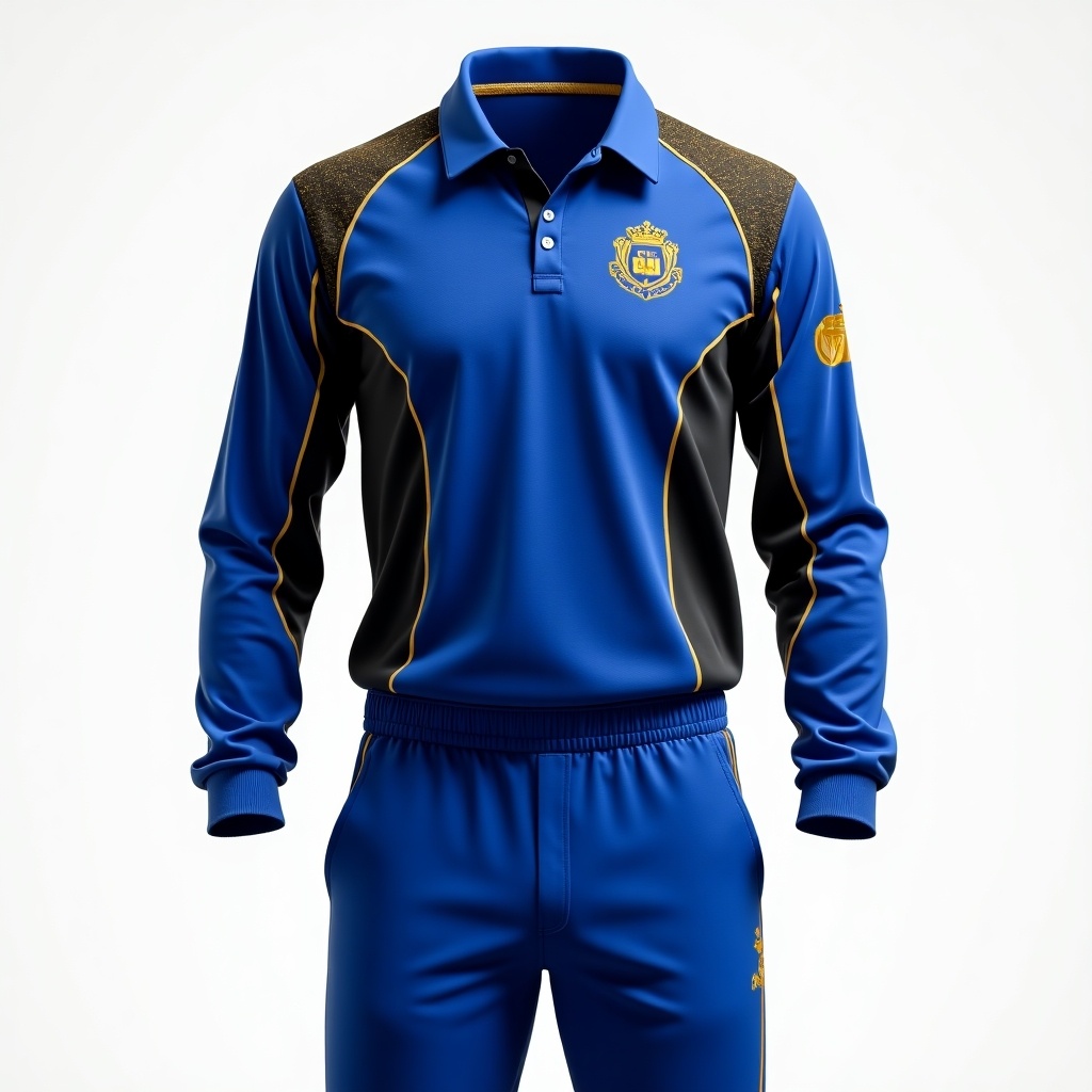 Cricket pant with a professional and sporty aesthetic. Primary colors are royal blue and black with white and gold accents. Subtle cricket-themed patterns are on the sleeves and shoulders to add texture.