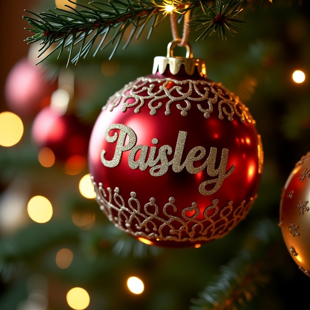 Beautiful festive bauble ornament hanging on a Christmas tree. The ornament is red with gold detailing. The name Paisley is prominently displayed in elegant writing.