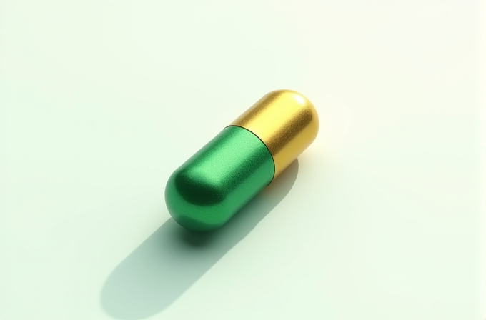 A shiny capsule with a green and gold color lies on a light surface casting a shadow.