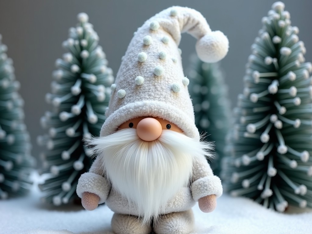 A cute gnome dressed in white and standing among small snow-covered Christmas trees.