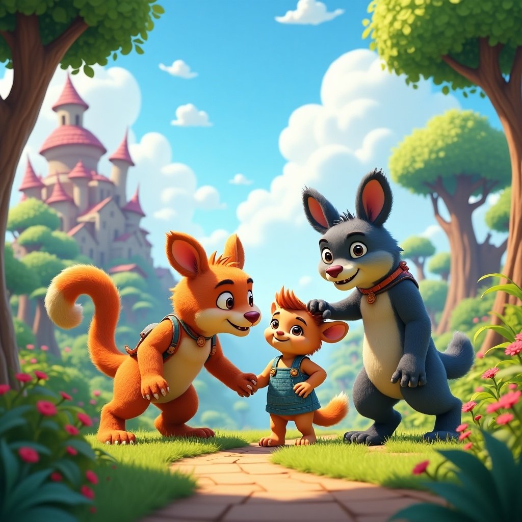 Three animated animal characters in a vibrant fantasy landscape. Characters are smiling and wearing little outfits. Background shows a whimsical castle and green trees. Bright colors, playful expressions.