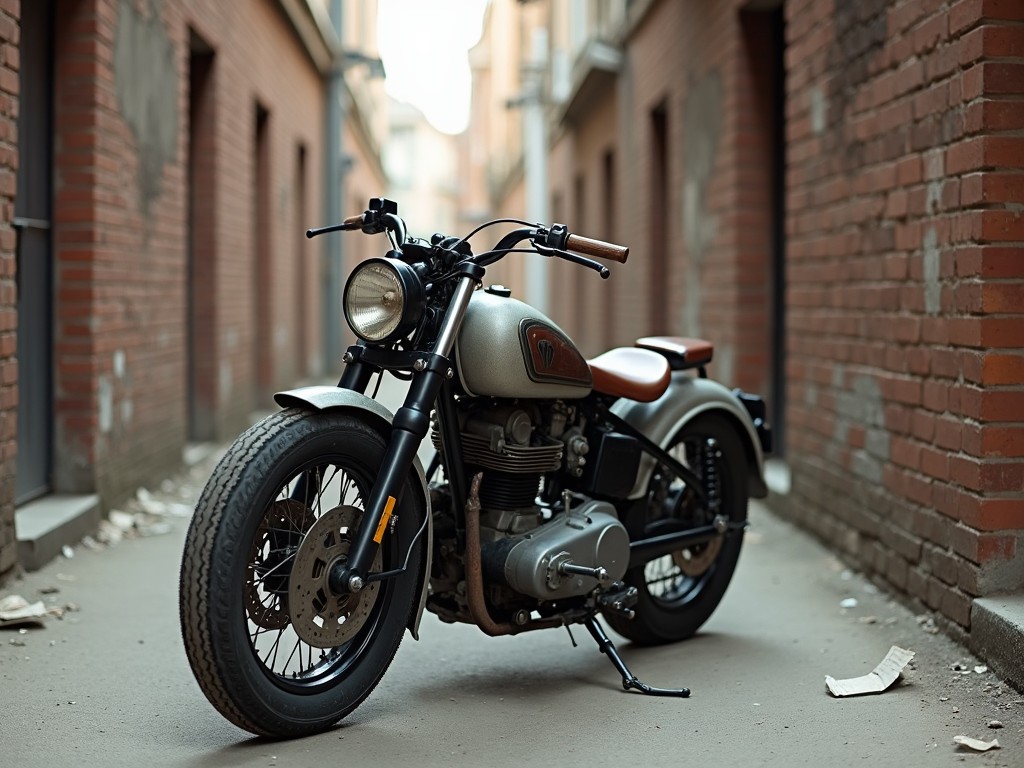 This image depicts a vintage motorcycle parked in a textured, weathered alleyway. The bike has rugged tires and a classic retro design, showcasing its unique features. The background consists of rustic brick walls, adding depth to the urban environment. Natural light gently illuminates the scene, enhancing the motorcycle's classic styling. This setting conveys a sense of nostalgia and urban exploration.