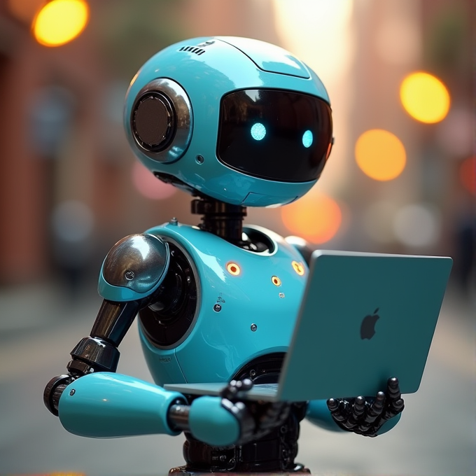 A blue robot holding a laptop on a city street with blurred lights in the background.