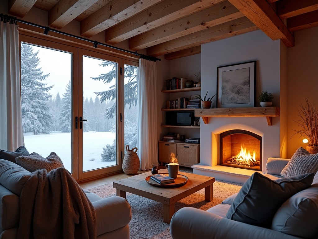 This image depicts a cozy living room designed for relaxation. The room features wooden beams on the ceiling, adding a rustic charm. A warm fireplace is central to the space, inviting a sense of comfort. Large windows provide a beautiful view of a snowy field outside, enhancing the winter atmosphere. Plush sofas and a coffee table complete the inviting look, making it an ideal retreat for cold days.