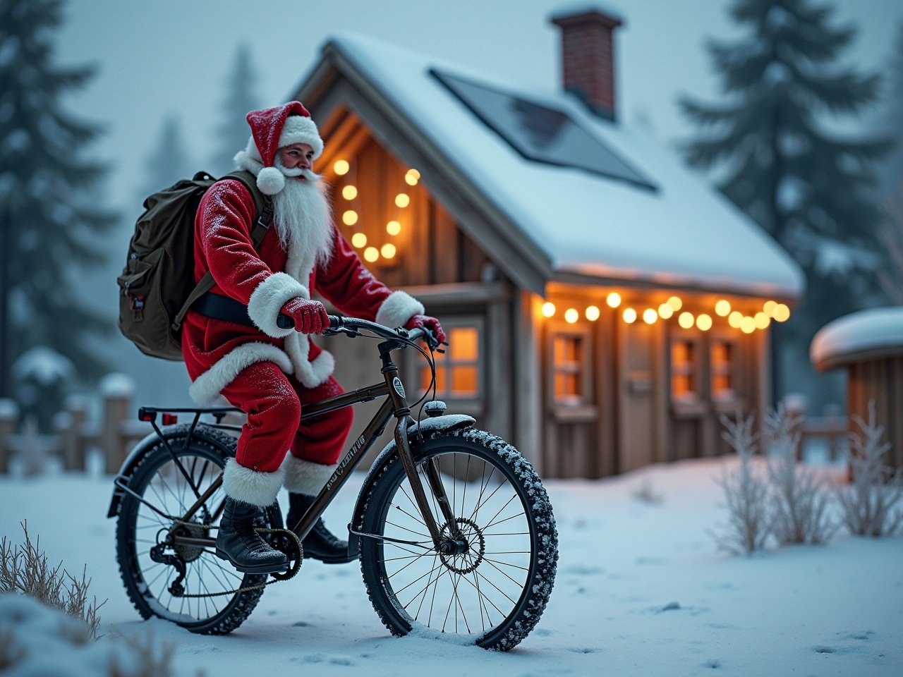 Santa Claus riding a bike near a wooden workshop decorated for Christmas. The workshop features solar panels on the roof with snow surrounding it. Warm lights illuminate the scene.