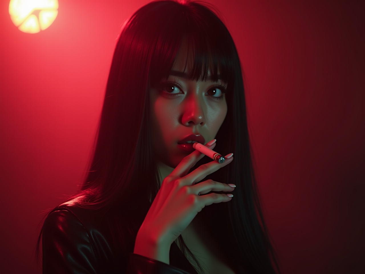 The image features a Korean girl with straight black hair, holding a cigarette close to her lips. She is in a nightclub setting, illuminated by soft red lighting that creates a dramatic mood. The focus is on her striking expression, which conveys a sense of allure and mystery. The background is softly blurred, allowing her to stand out as the main subject. This shot captures the essence of nightlife and the edgy atmosphere of a club.