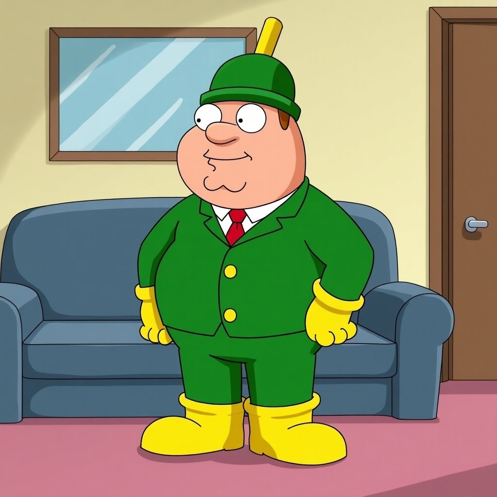 The image features a Martian character from Family Guy wearing a green suit and yellow gloves and boots. The character stands in a simple living room with a couch. Background elements include a window and a door. The image conveys a comedic atmosphere.