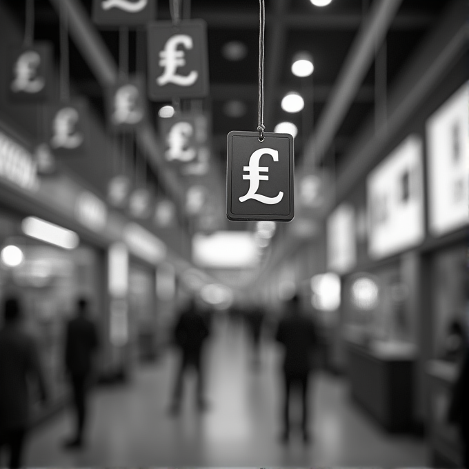 A blurry shopping mall with prominent pound signs hanging from the ceiling.