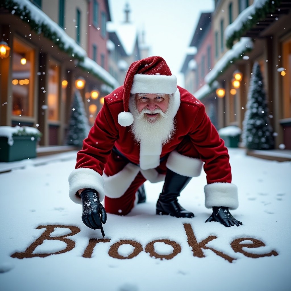 Santa Claus writes the name 'Brooke' in snow. Traditional red and white attire worn with black boots and belt. Snowy street with charming buildings creates a festive atmosphere. Soft, warm winter light enhances the scene.